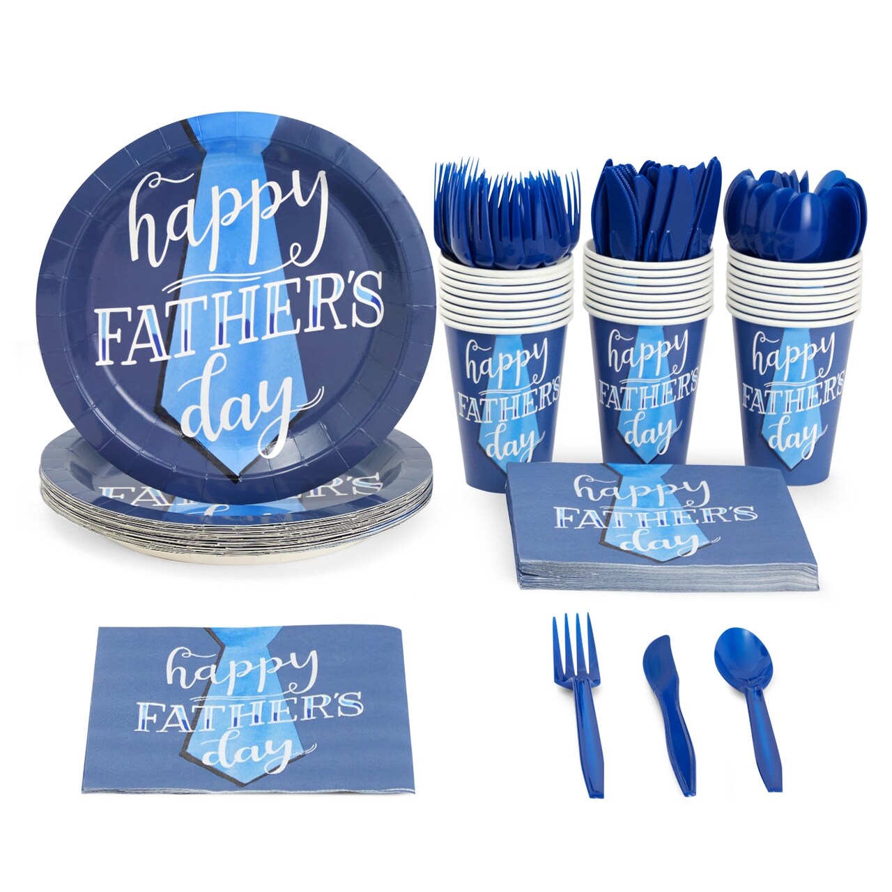 144 Piece Happy Father’s Day Plates and Napkins Dinnerware Set, Cutlery, Cups (Serves 24)